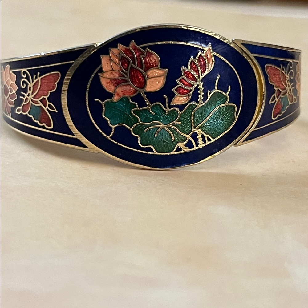 Vintage navy cloisonné clamper bracelet butterflies and lotus flowers gold tone - Picture 5 of 8